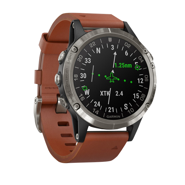 Garmin D2 Delta Aviator GPS smartwatch with brown leather band and silver bezel