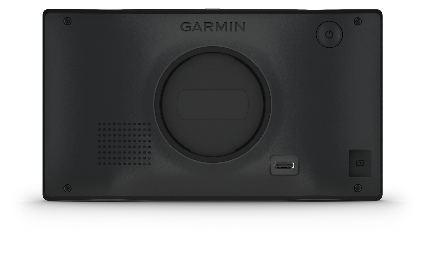 Garmin DriveSmart 76 back view, black 7-inch GPS navigator with circular mounting ring, power button and USB port