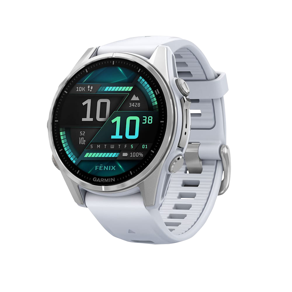 Garmin Fenix 8 smartwatch, 43mm silver case with Whitestone silicone band and AMOLED display