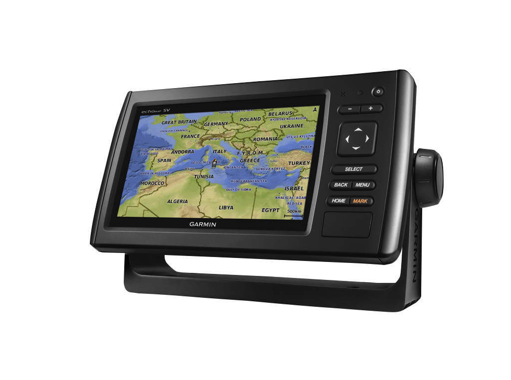 Garmin ECHOMAP CHIRP 72sv marine chartplotter with transducer on a black mount
