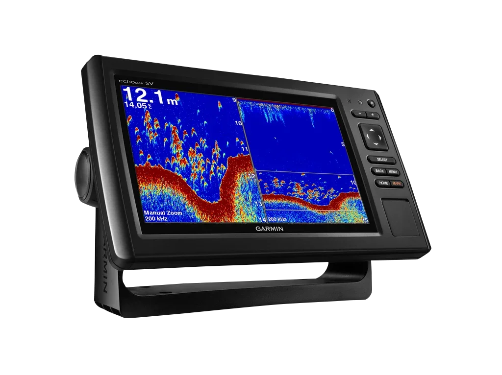 Garmin ECHOMAP CHIRP 92sv marine chartplotter with transducer.