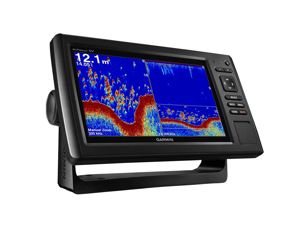 Garmin ECHOMAP CHIRP 92sv marine chartplotter display with mounting stand, no transducer