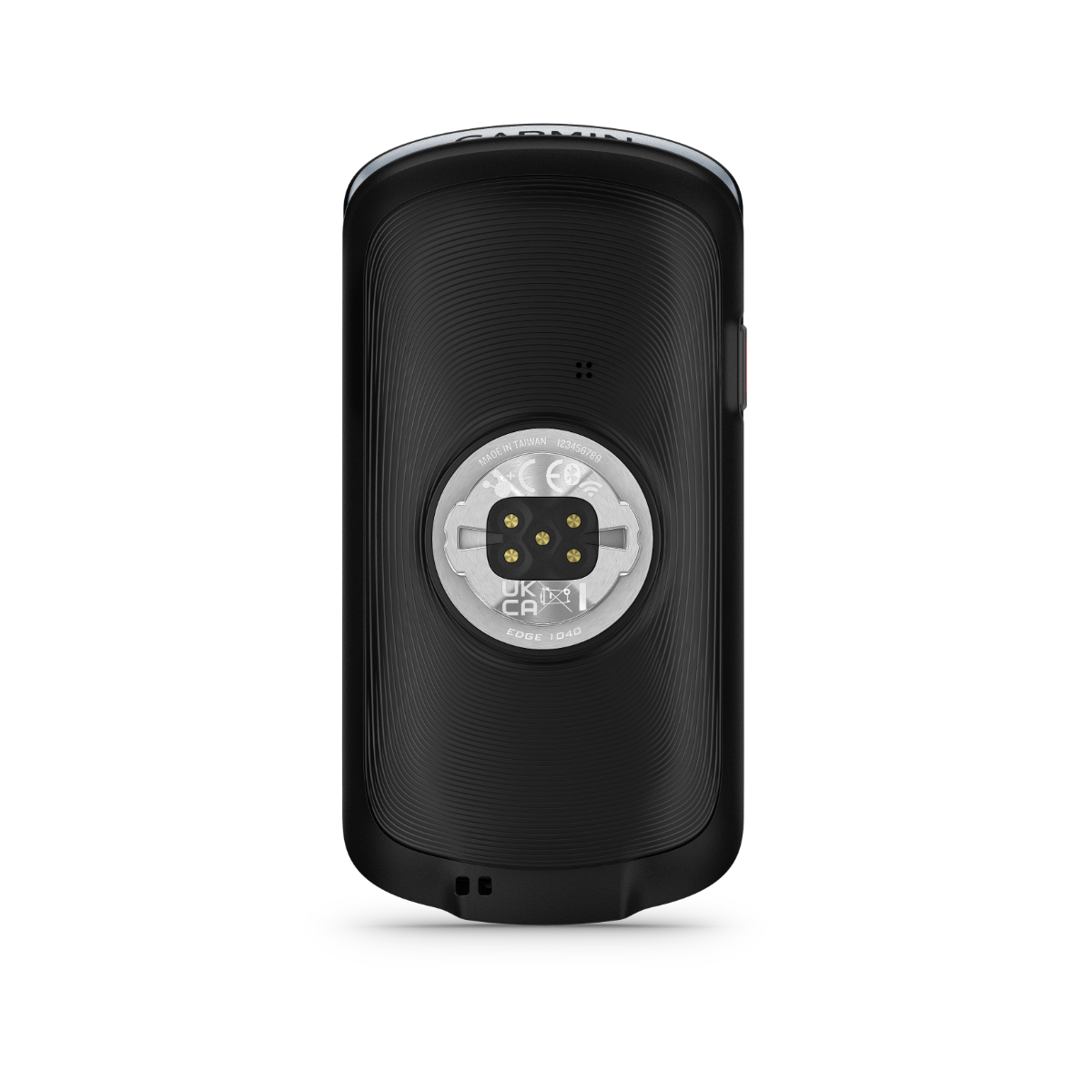 Garmin Edge 1040 bike computer back view, black device with circular metal mount and red side accent.