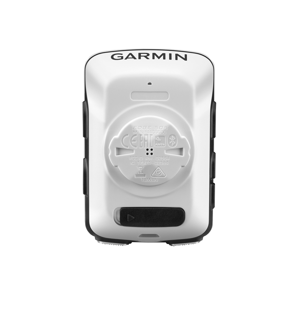 Garmin Edge 520 bicycle computer back view with mounting cradle, white body and black trim