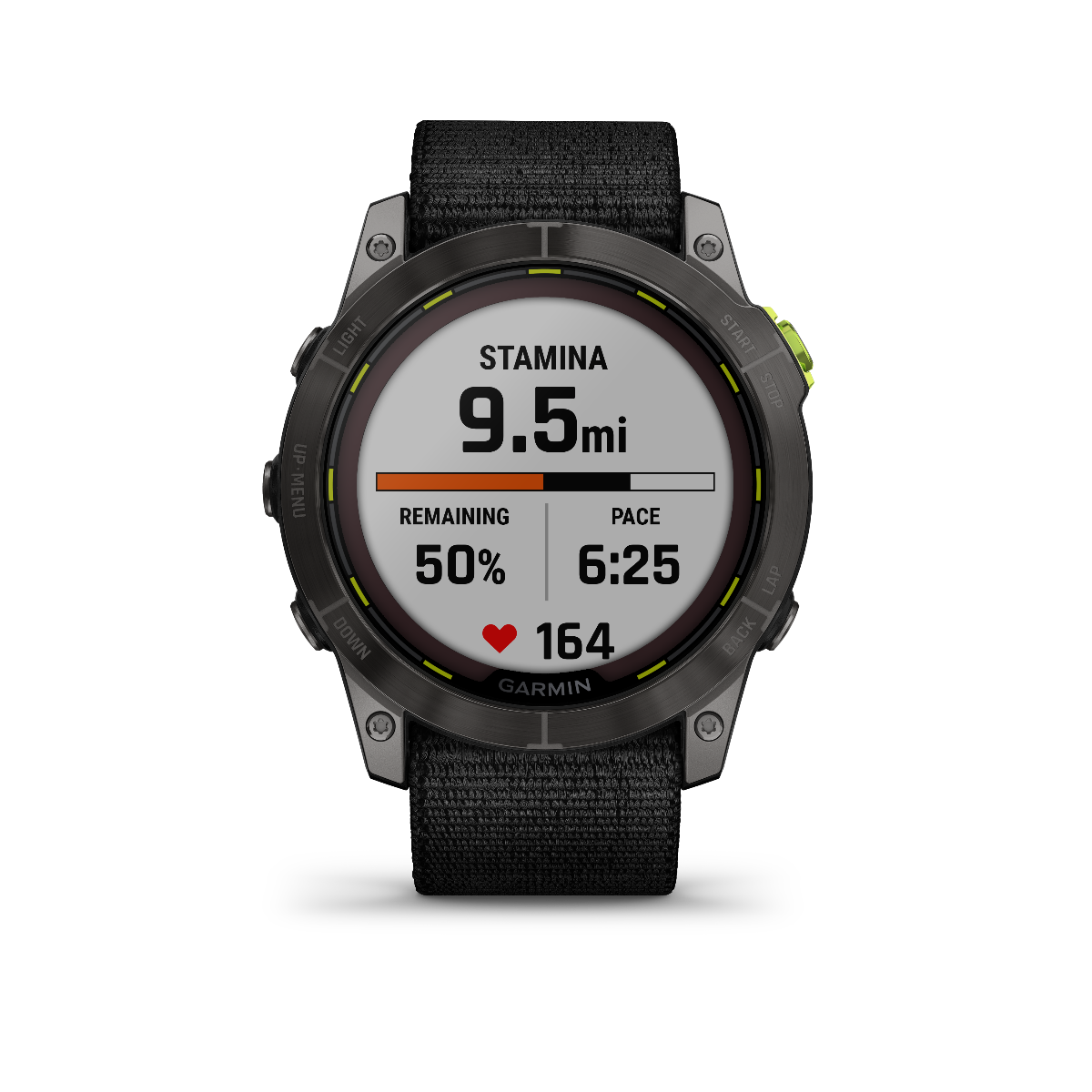 Garmin Enduro 2 smartwatch with black strap displaying stamina 9.5 mi, 50% remaining, pace 6:25, HR 164