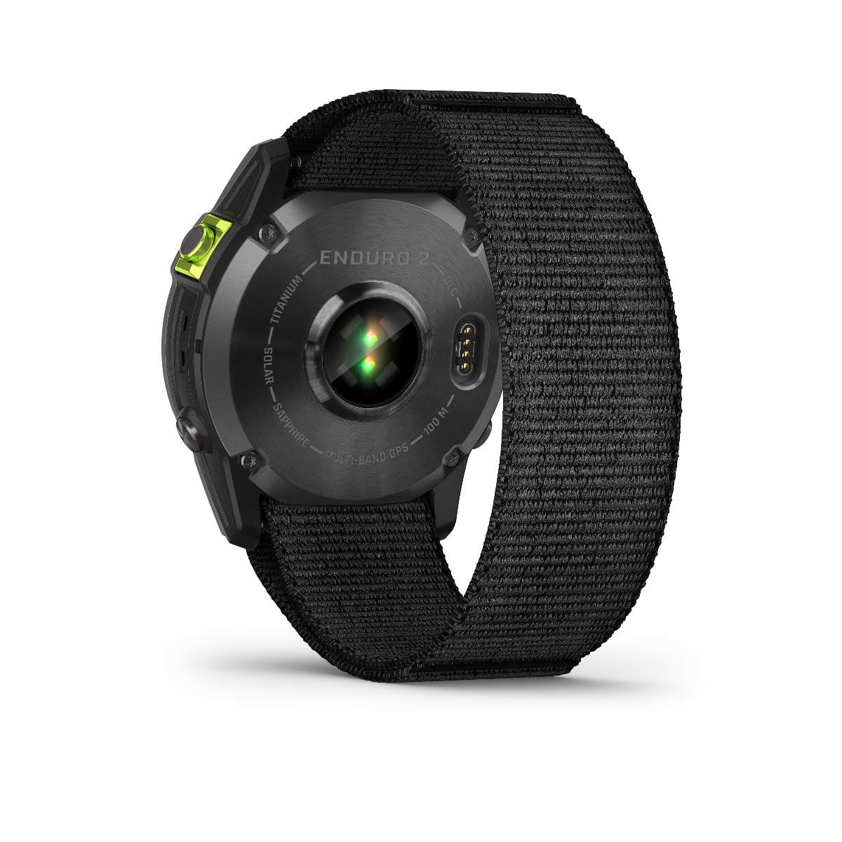 Garmin Enduro 2 smartwatch back view; titanium case, black nylon strap, and green sensor LEDs