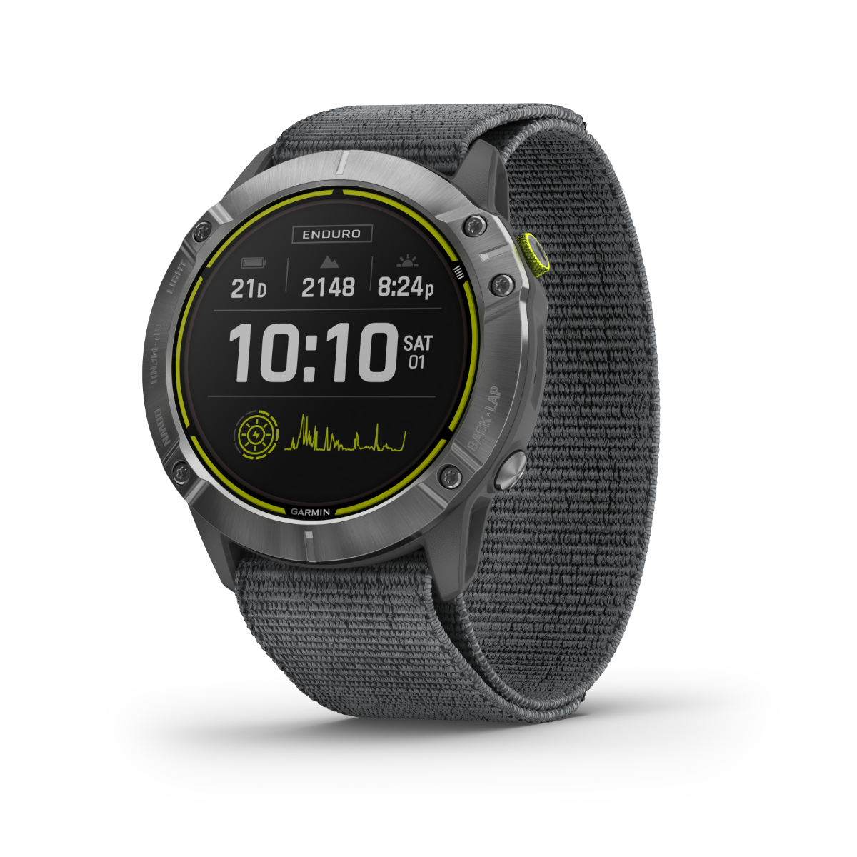 Garmin Enduro smartwatch, steel case with gray UltraFit Nylon strap, Garmin Certified Refurbished.