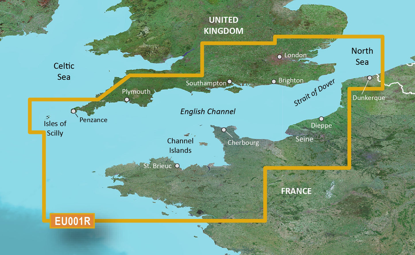 Garmin Bluechart G2 English Channel map card showing UK-France coast with highlighted route