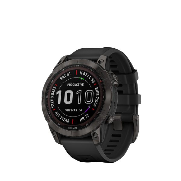 Garmin Fenix 7 Sapphire Solar smartwatch in carbon gray titanium with black band, certified refurbished.