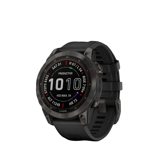 Garmin Fenix 7 Sapphire Solar smartwatch in carbon gray titanium with black band, certified refurbished.