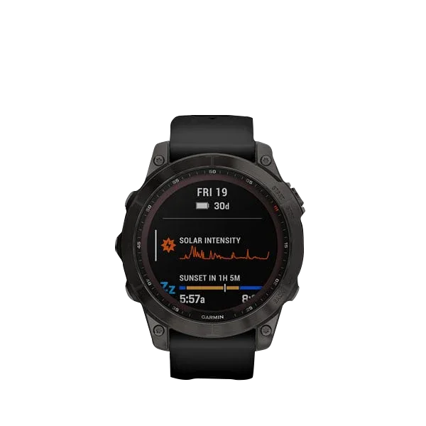 Garmin Fenix 7 Sapphire Solar smartwatch, carbon gray titanium case with black band, Garmin Certified Refurbished