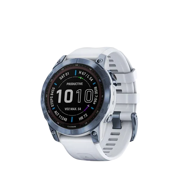 Garmin Fenix 7 Sapphire Solar smartwatch with mineral blue titanium bezel and Whitestone band, Garmin Refurbished