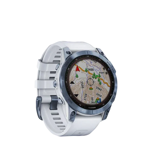 Garmin Fenix 7 Sapphire Solar smartwatch with mineral blue titanium bezel and Whitestone band, Certified Refurbished