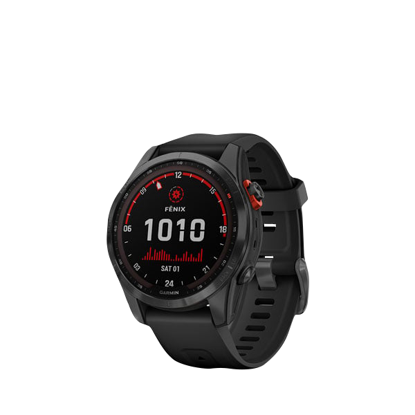 Garmin Fenix 7S Solar smartwatch with slate gray face and black band, refurbished