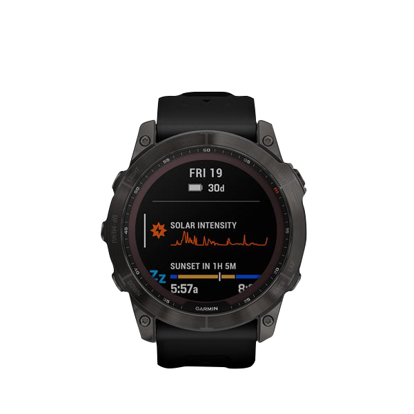 Garmin Fenix 7X Sapphire Solar smartwatch, carbon gray titanium case with black band, certified refurbished.