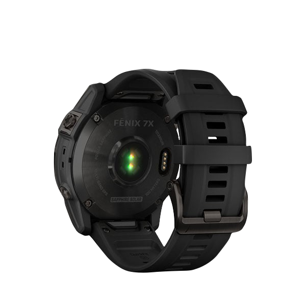 Garmin Fenix 7X Sapphire Solar smartwatch with carbon gray titanium case and black band, certified refurbished