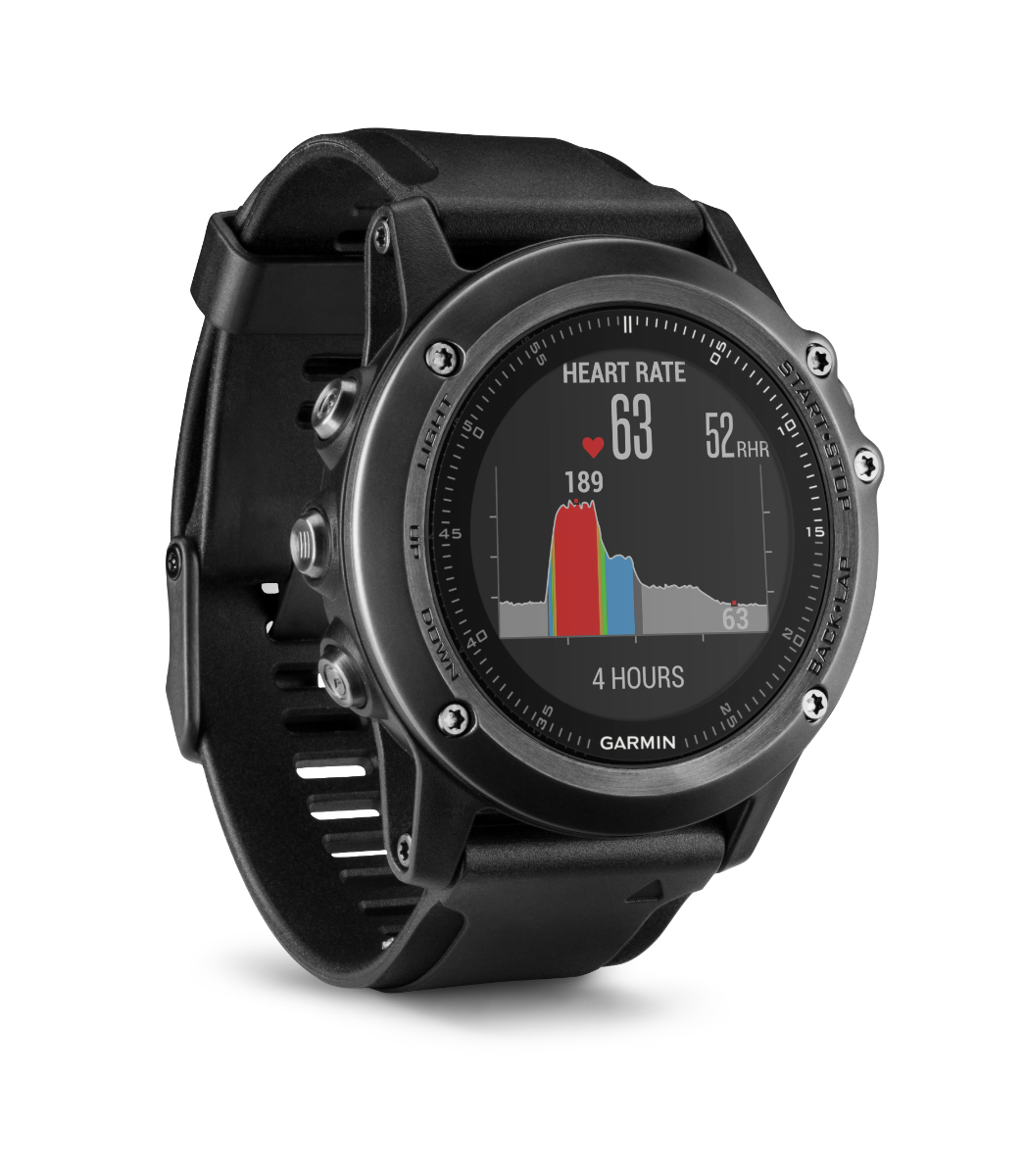 Garmin Fenix 3 HR smartwatch in black with metal bezel and rubber strap