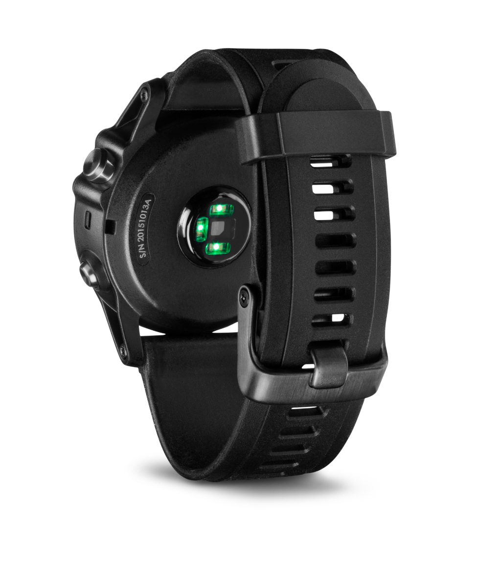Garmin Fenix 3 HR smartwatch back view with green heart-rate sensor and black strap