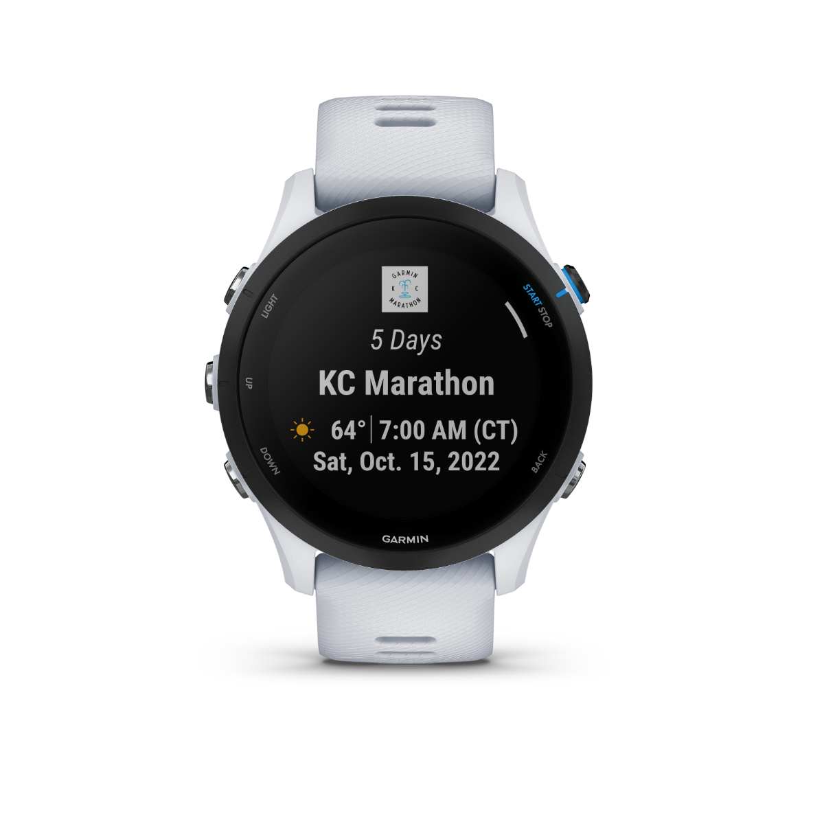 Garmin Forerunner 255 Music smartwatch, Whitestone strap, premium GPS fitness watch for runners