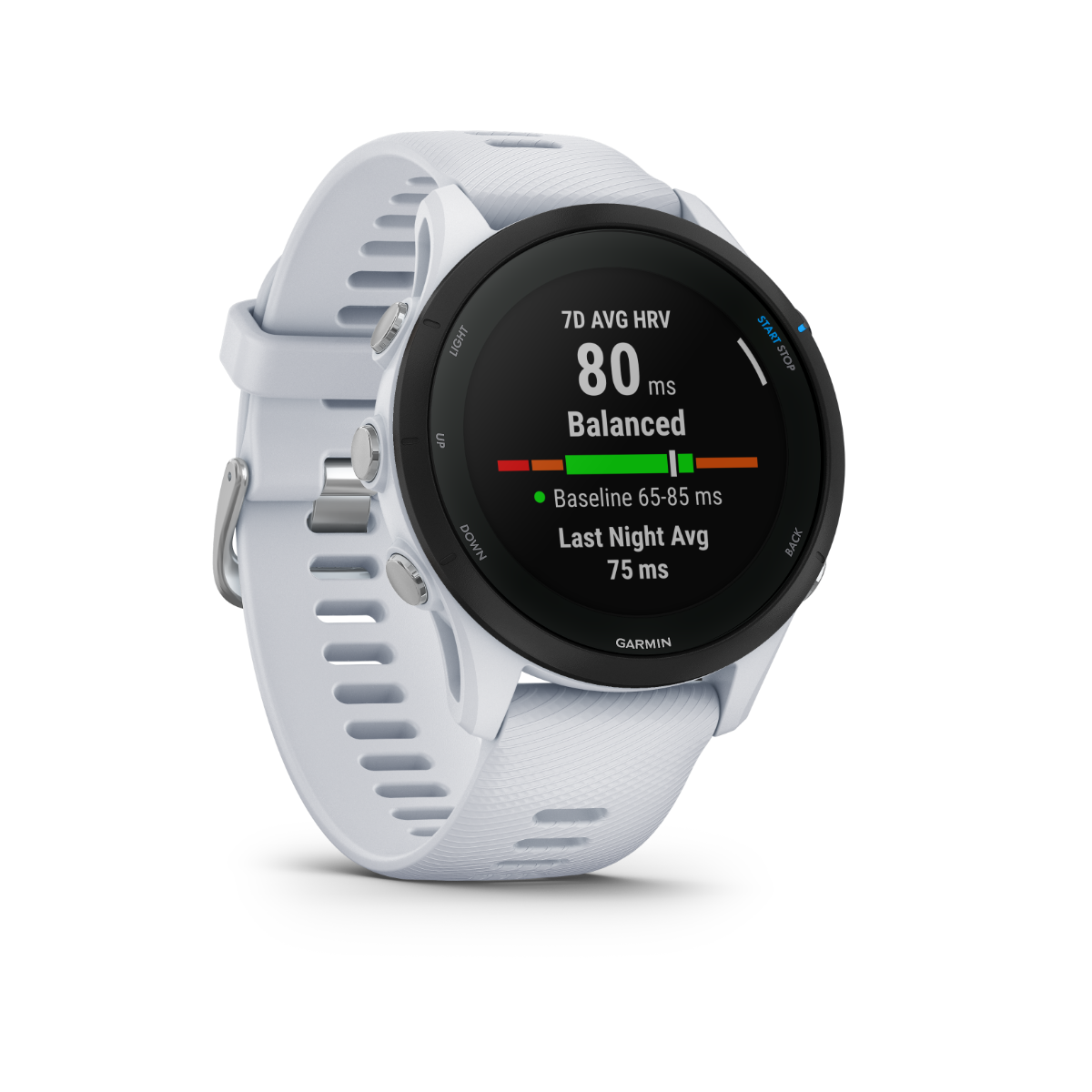 Garmin Forerunner 255 Music GPS running smartwatch with white Whitestone band