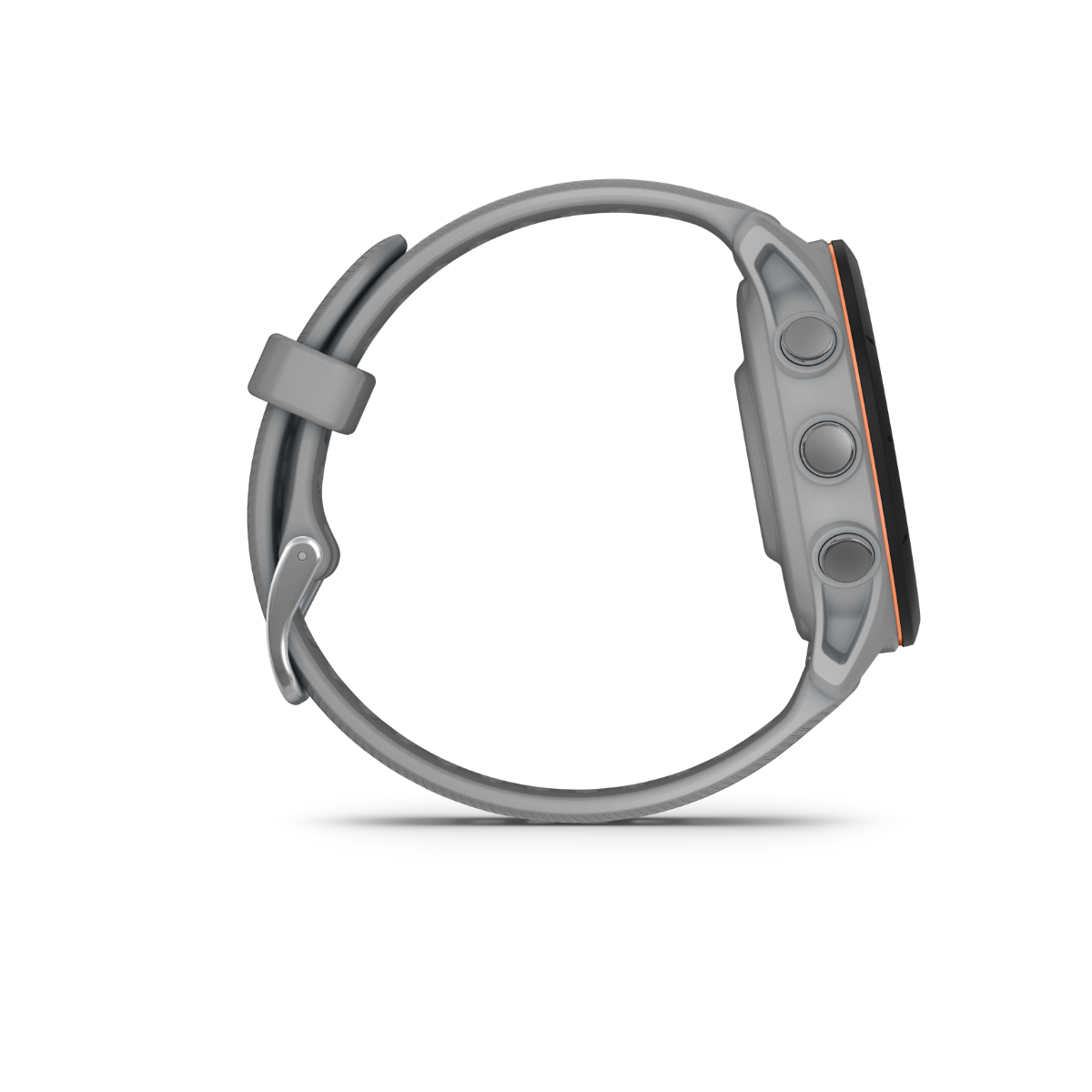 Garmin Forerunner 255S smartwatch, powder gray with orange trim, side view