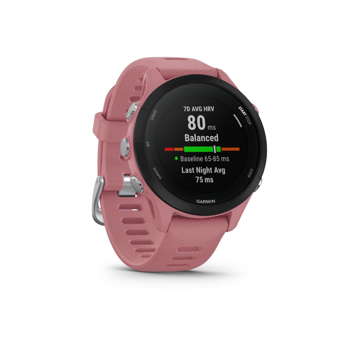 Garmin Forerunner 255S light pink fitness GPS smartwatch with silicone band