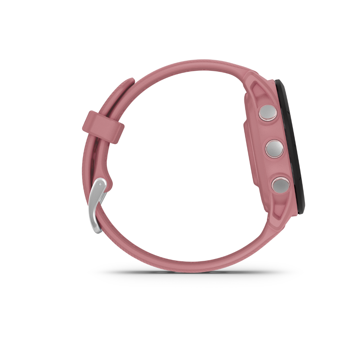Garmin Forerunner 255S smartwatch with light pink silicone band and metal side buttons