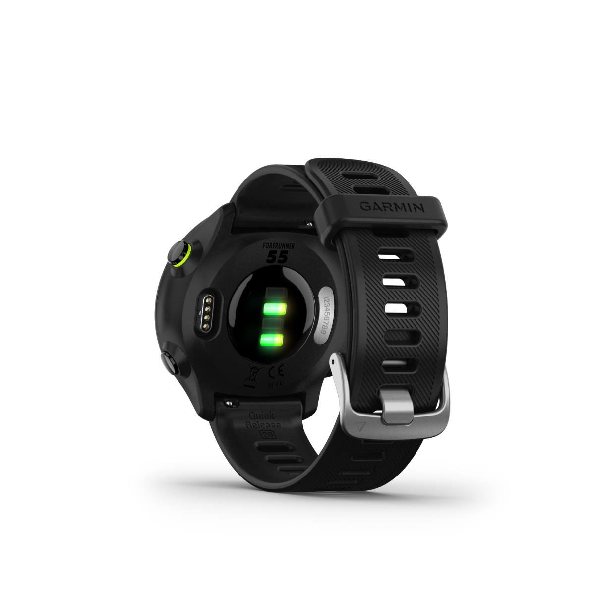 Garmin Forerunner 55 black GPS smartwatch back view with green heart-rate sensors and silicone strap