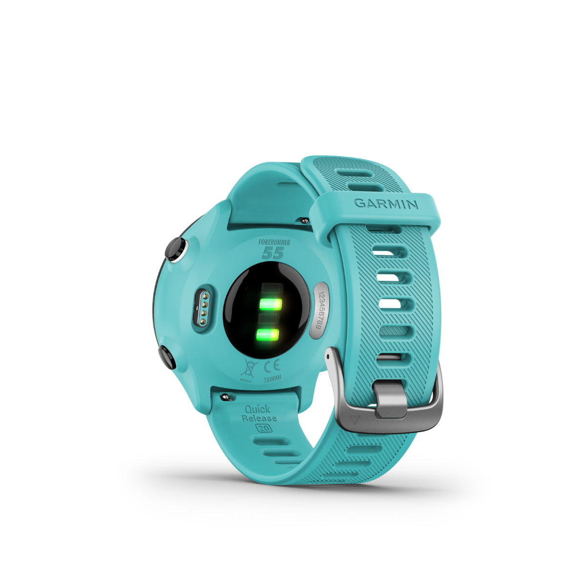 Garmin Forerunner 55 smartwatch in aqua with silicone band, back view