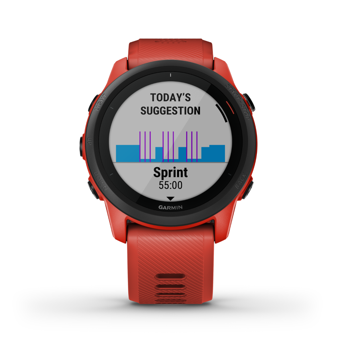 Garmin Forerunner 745 Magma Red smartwatch with red silicone band