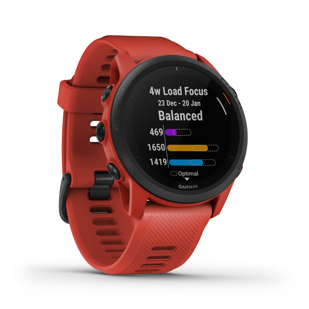 Garmin Forerunner 745 red GPS smartwatch with black bezel and red strap, certified refurbished