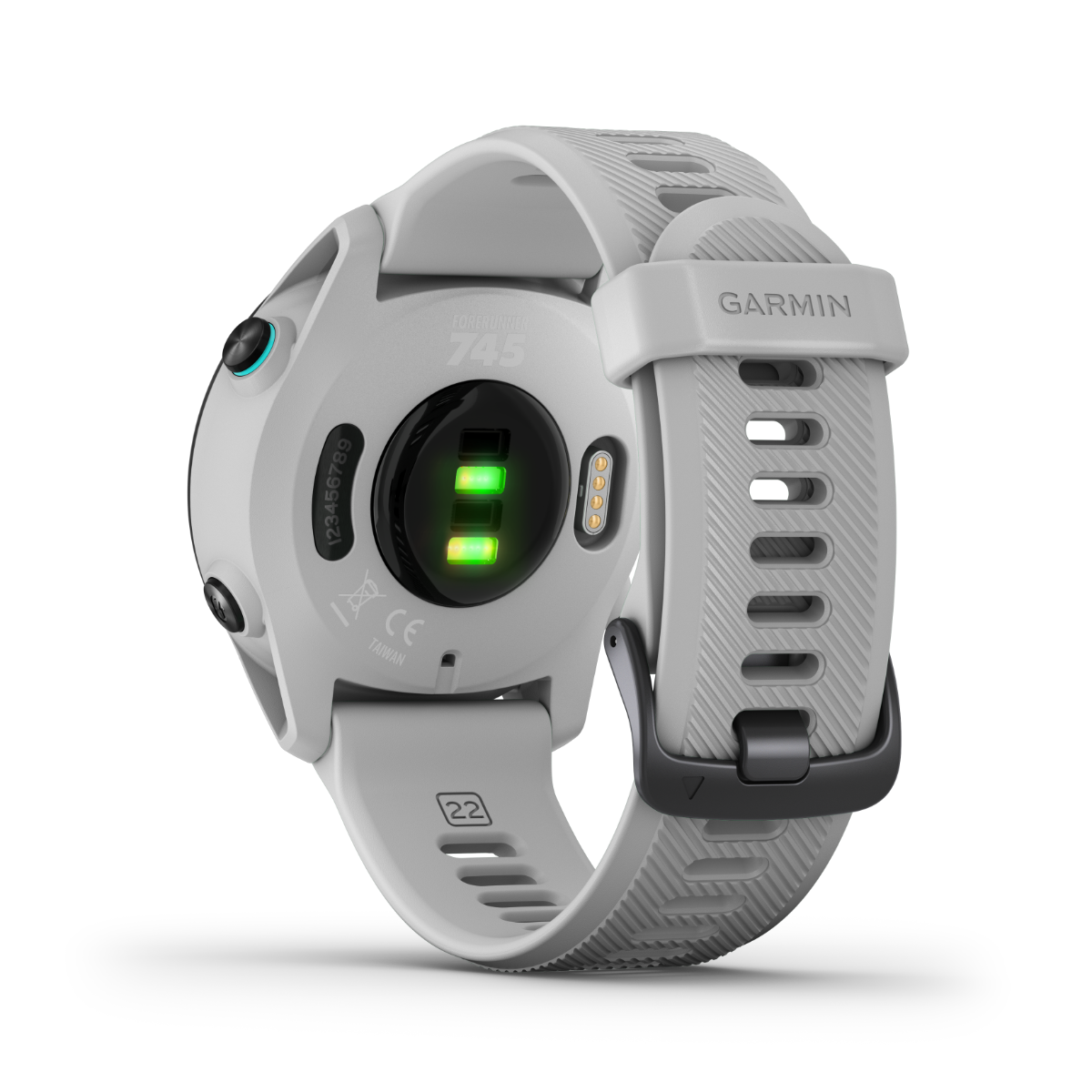 Garmin Forerunner 745 smartwatch in Whitestone with a light gray silicone band.