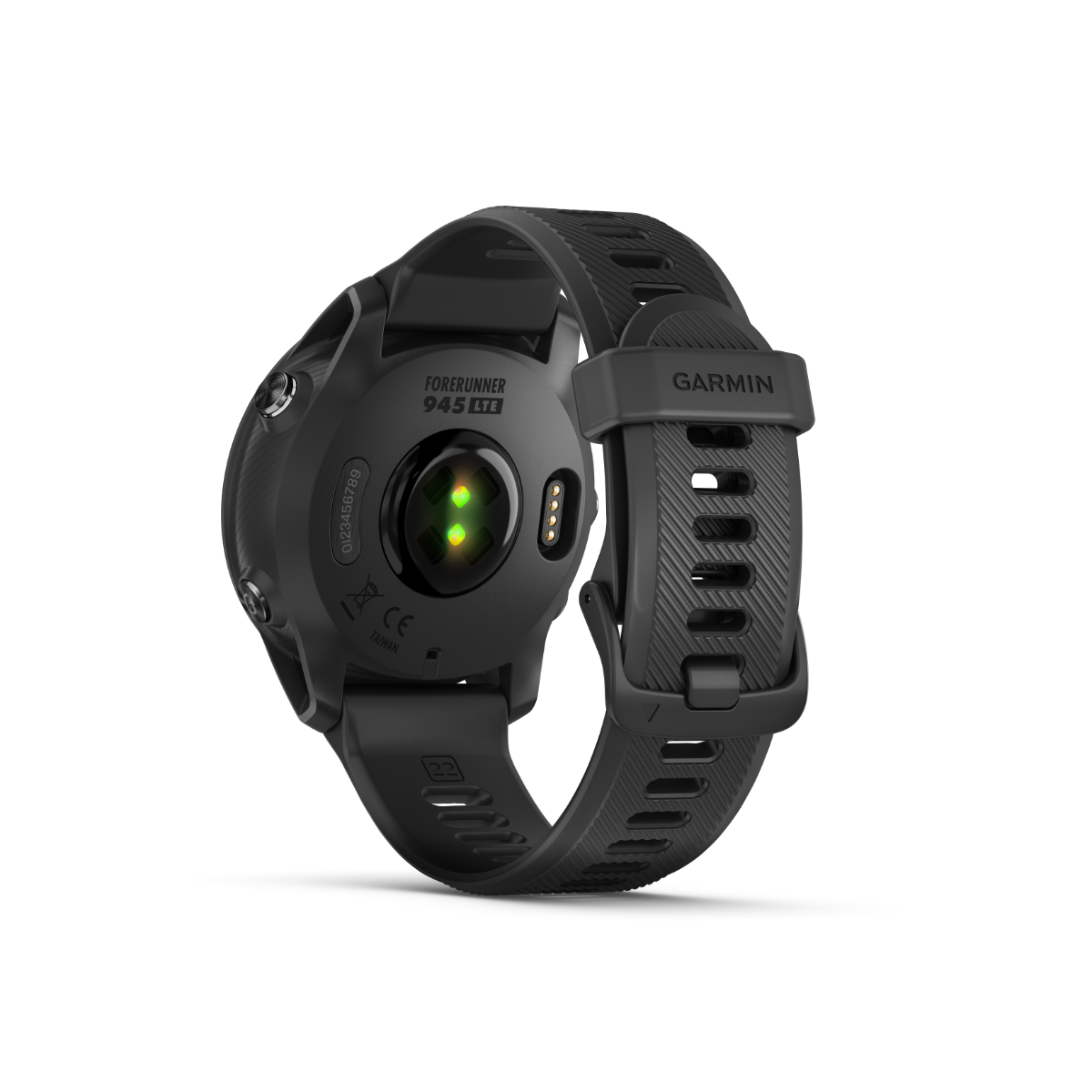 Garmin Forerunner 945 LTE smartwatch, black, refurbished; rear view with sensor LEDs