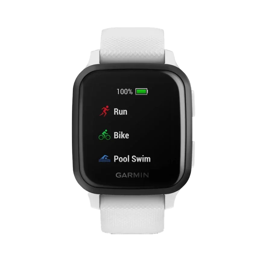 Garmin Venu Sq Music GPS smartwatch with slate aluminum bezel and white silicone band