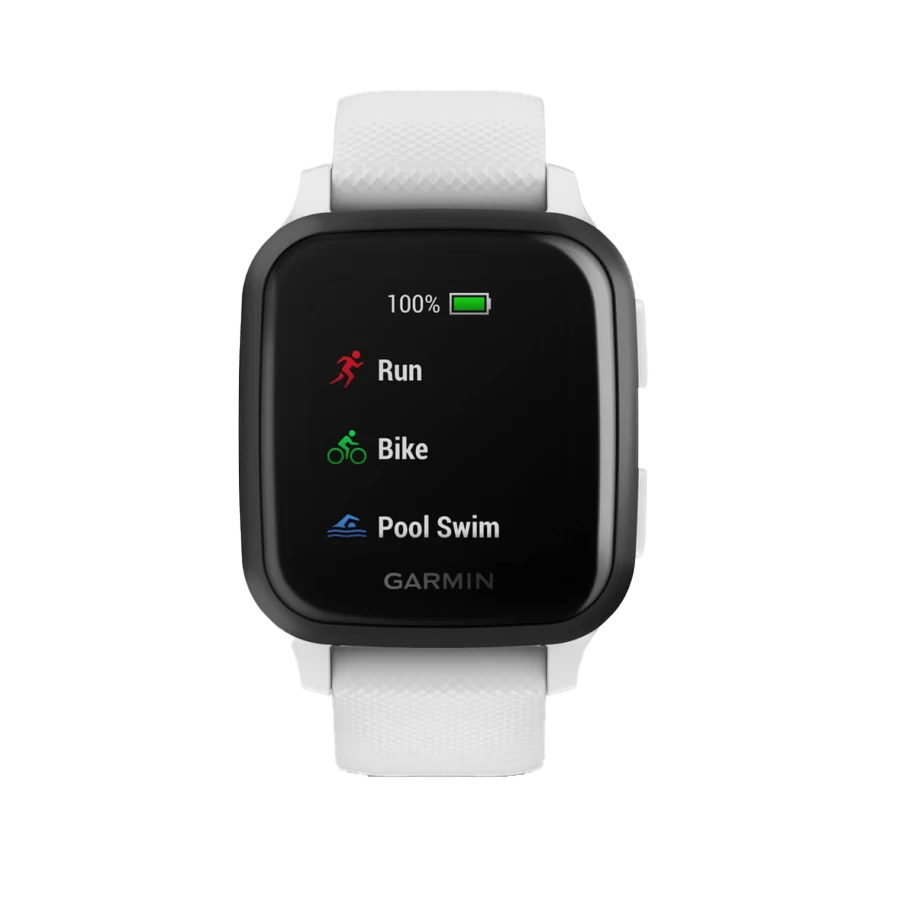 Garmin Venu Sq Music GPS smartwatch with slate aluminum bezel and white silicone band