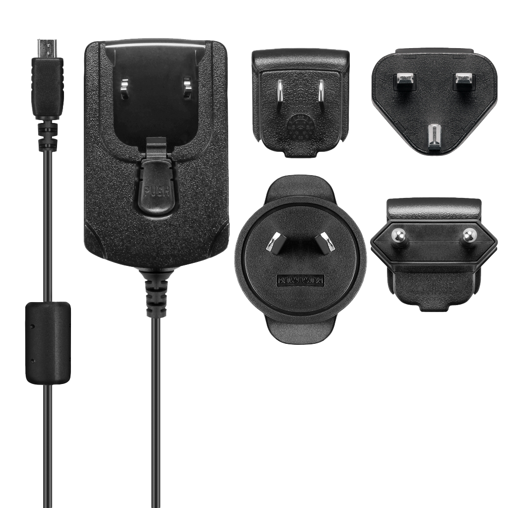 Garmin AC Adapter PRO Series kit (010-12180-01); black 5-piece charger set with wall, car, and regional plugs.