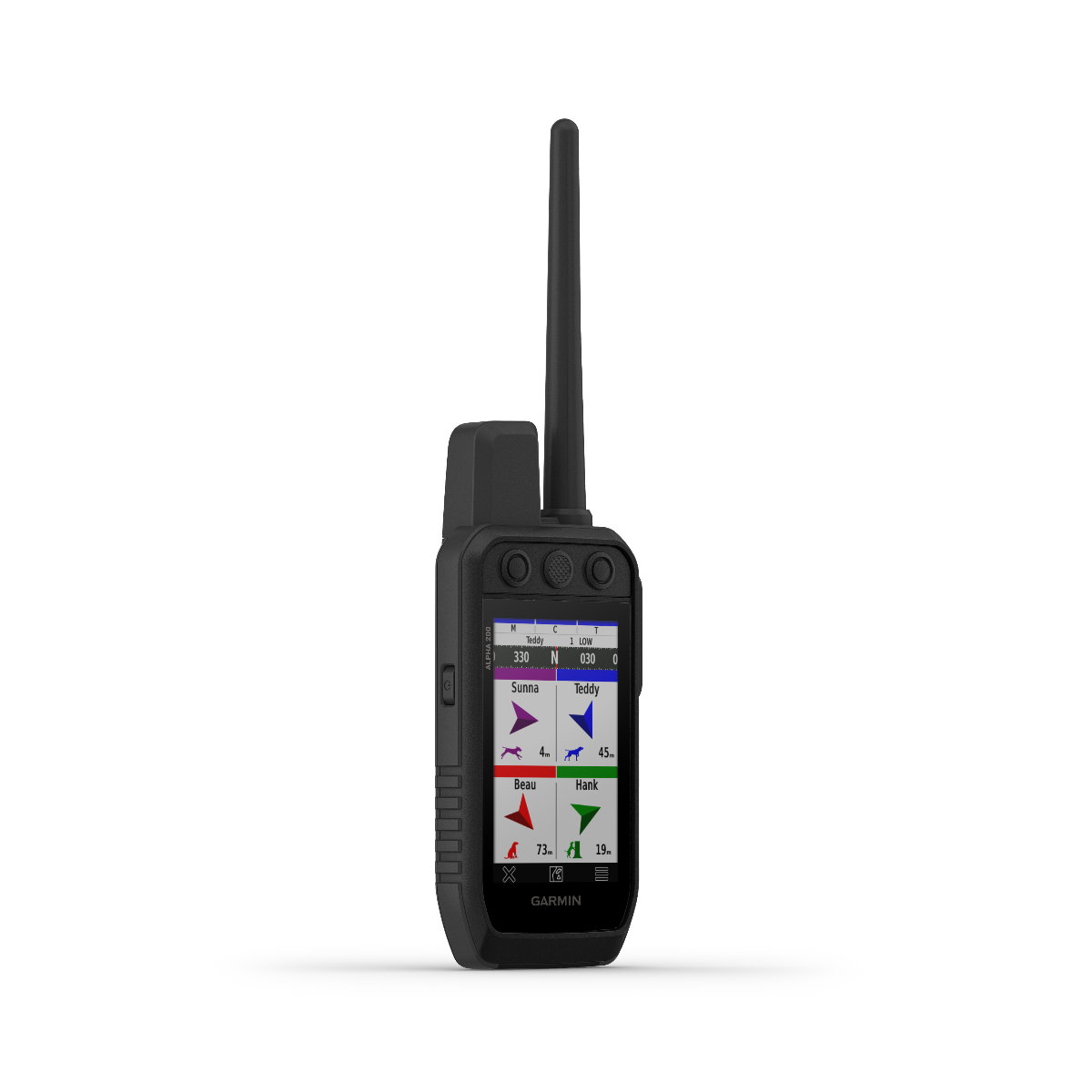 Garmin Alpha 200 handheld dog-tracking device in black with long antenna and color display