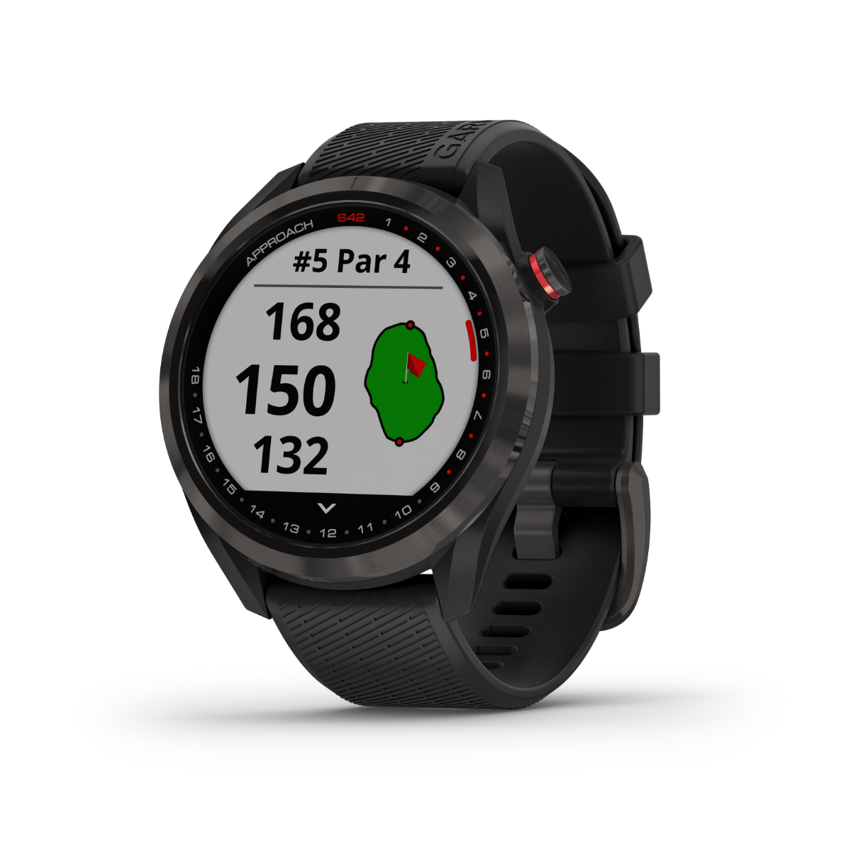 Garmin Approach S42 golf GPS smartwatch with gunmetal case and black band, rangefinder