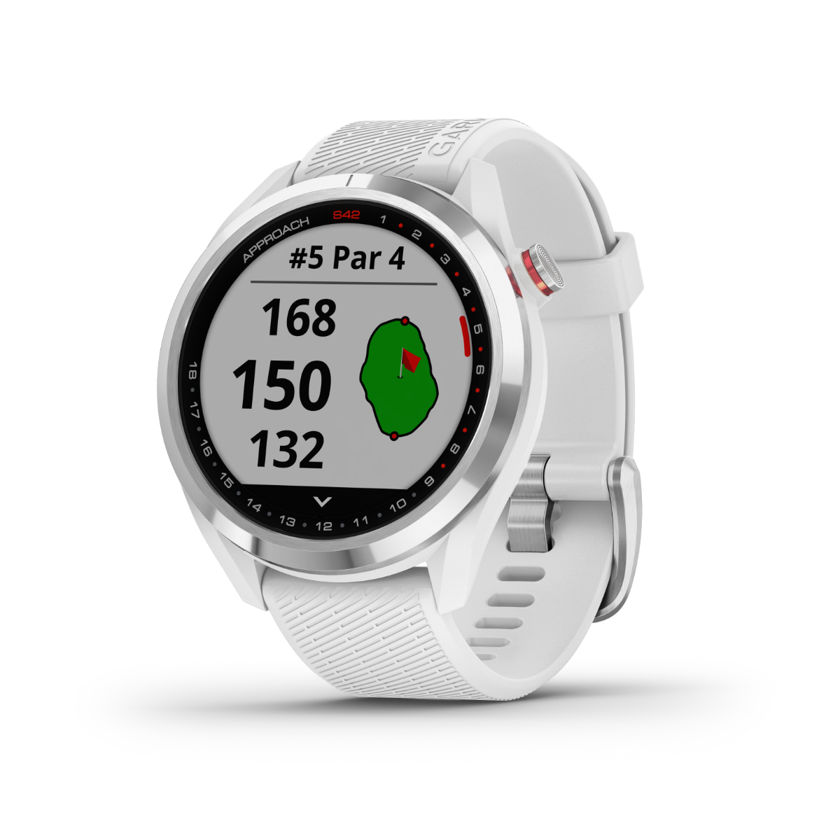 Garmin Approach S42 golf GPS smartwatch with silver case and white band