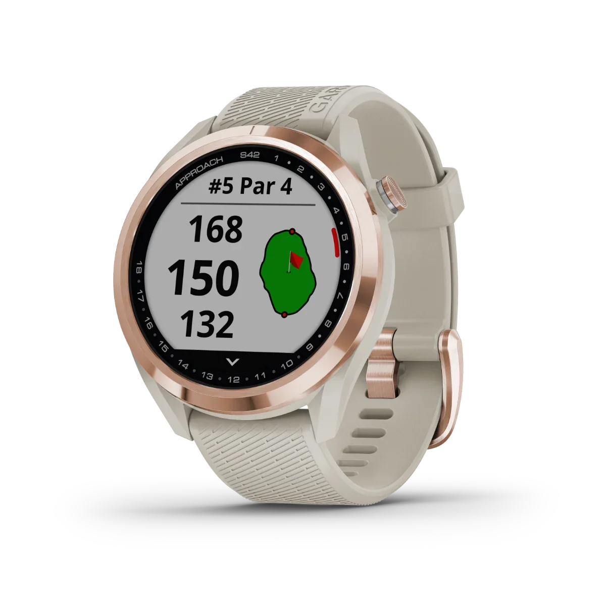 Garmin Approach S42 rose gold golf GPS smartwatch with beige strap and built-in rangefinder, certified refurbished