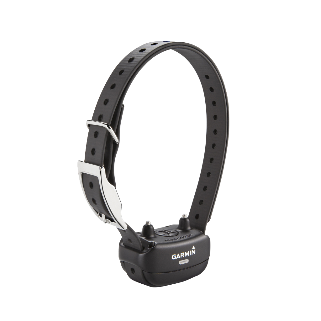 Garmin BarkLimiter Deluxe bark collar with rechargeable battery, black strap and silver buckle