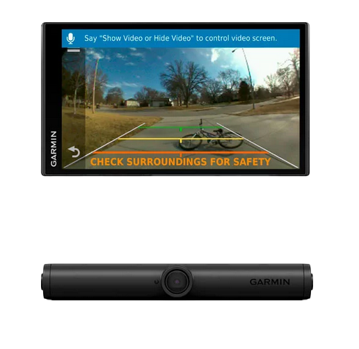 Garmin BC 40 wireless backup camera kit with black monitor showing rearview and parking guides; wireless camera bar.