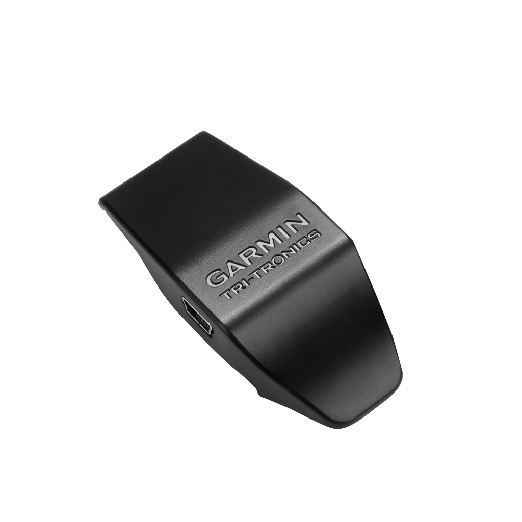 Garmin TT10 charging clip, black plastic with Garmin logo