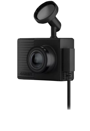 Garmin Dash Cam Tandem, black vehicle GPS dash camera with front lens and mounting arm