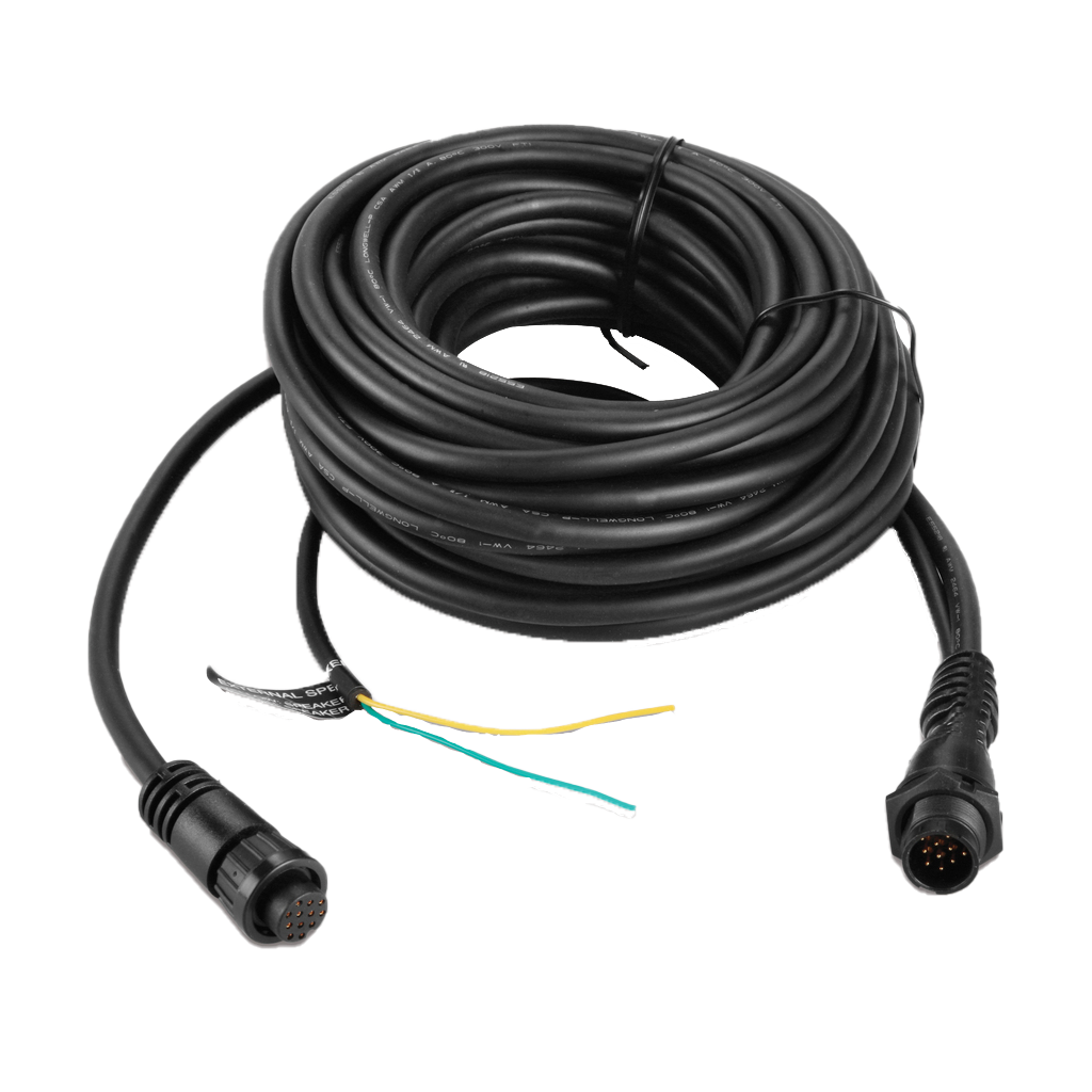 Garmin Deck Cable 10 m, black coiled marine electronics cable with yellow, blue, and green leads