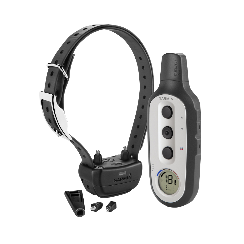 Garmin Delta XC Bundle dog training system: gray handheld remote with LCD and black collar with accessories