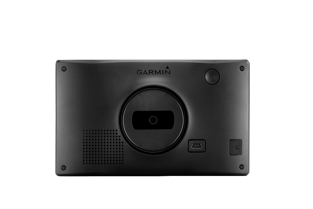 Garmin Drive 60LMT GPS navigation system back view with circular mount, USB port and speaker grille.