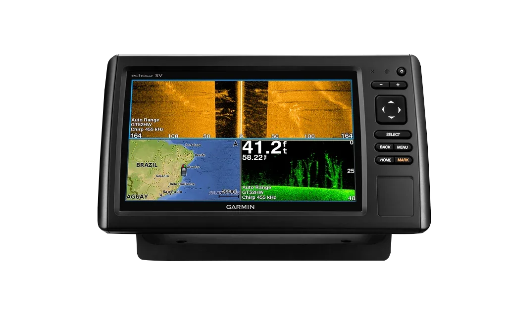 Garmin ECHOMAP CHIRP 92sv marine chartplotter display, black unit with map and sonar screen (no transducer)
