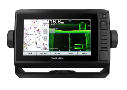 Garmin ECHOMAP UHD 72sv marine chartplotter, black GPS unit with chart and sonar display and mounting bracket.