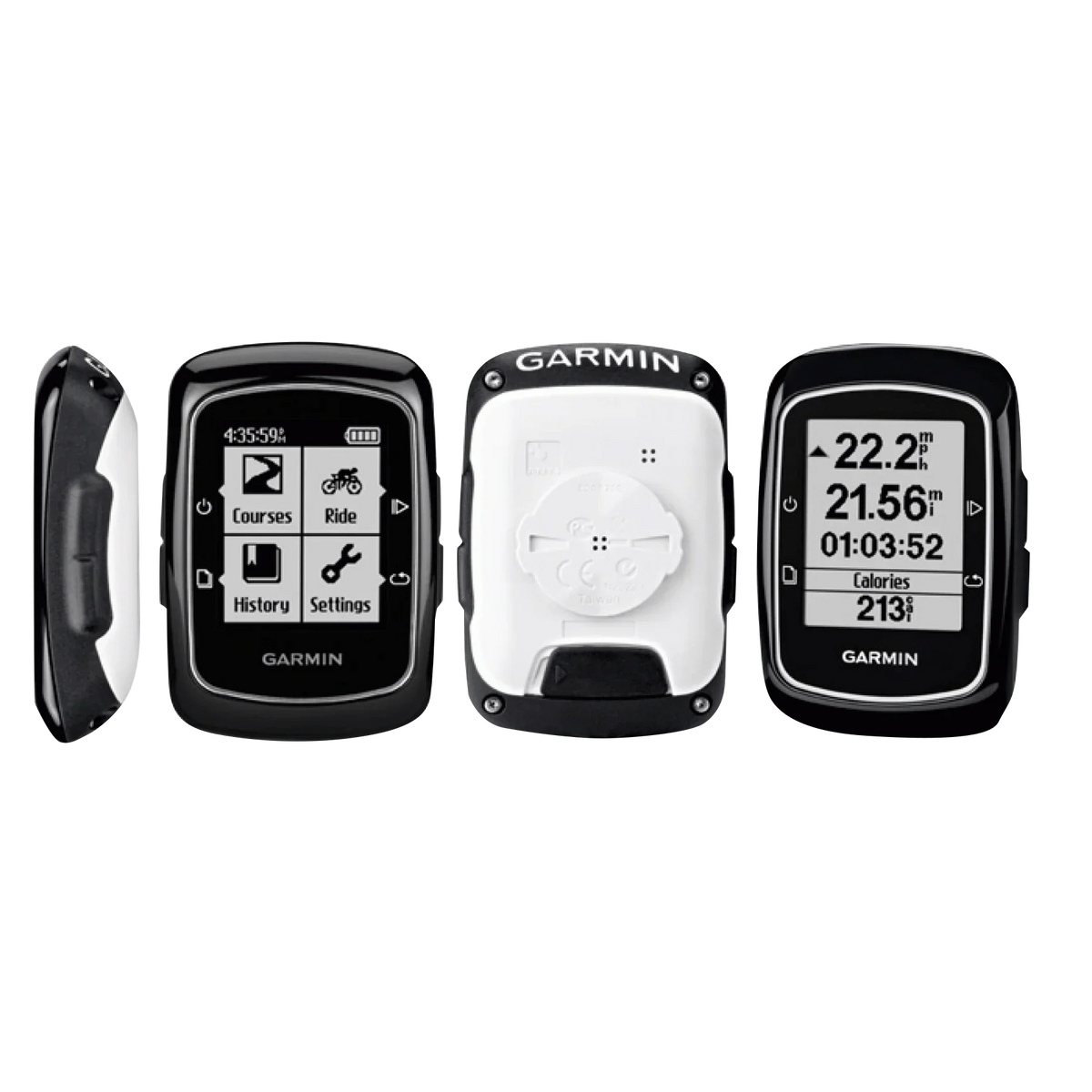 Garmin Edge 200 bicycle computers, three black units with screens displaying routes and stats
